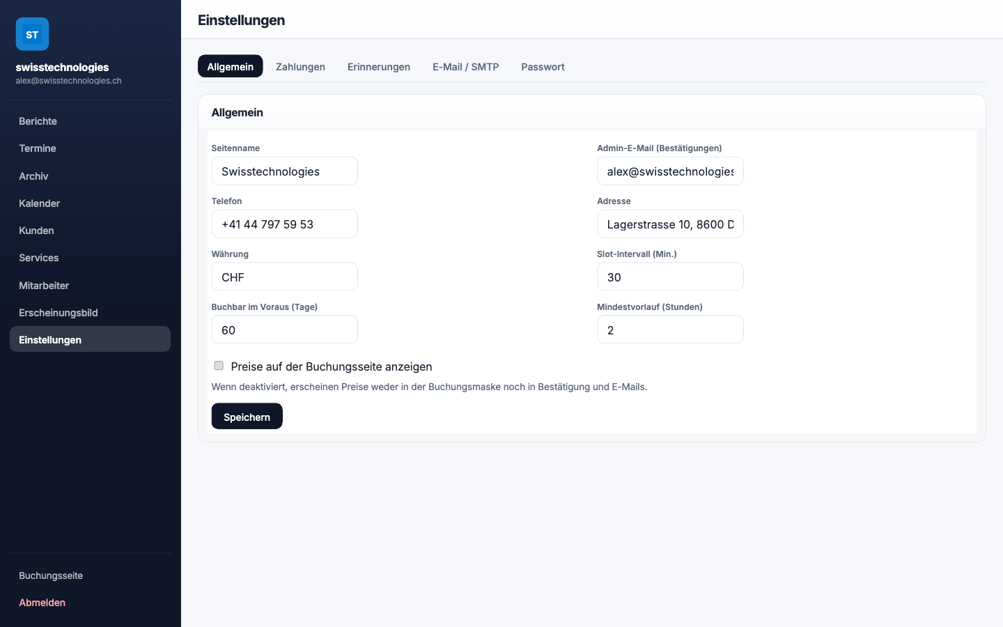 Einstellungen inkl. Reminder und SMTP